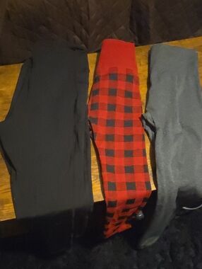 Three Pairs of Women's Winter Fleece Lined  Leggings— Black, Red Plaid, Charcoal